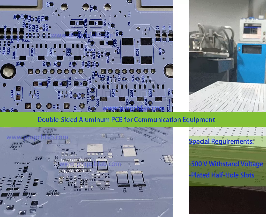 Double-sided aluminum PCB for communication equipment with plated-hole features