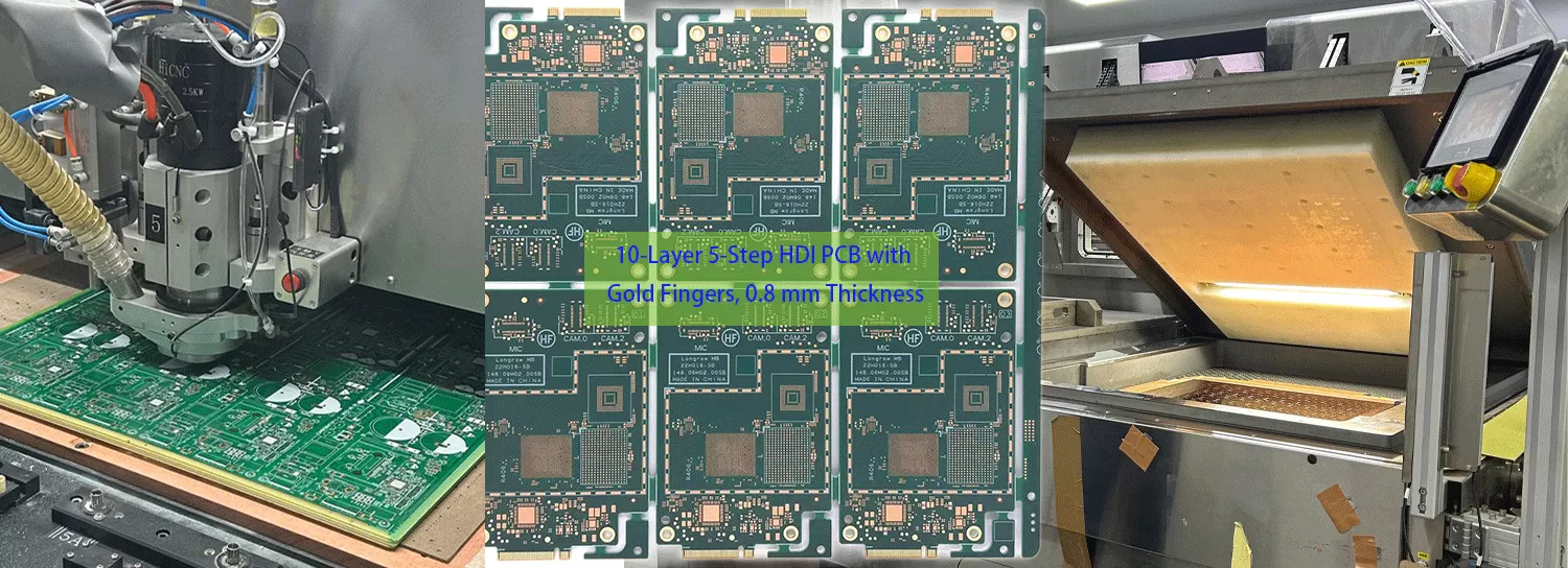 Finished 10-layer five-step HDI PCB with gold fingers and 0.8 mm board thickness