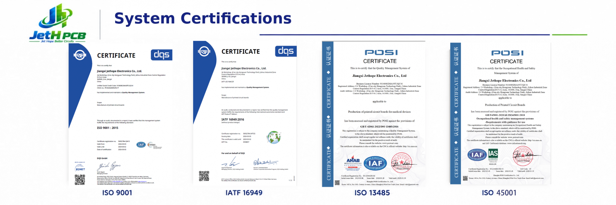 PCB manufacturing system certifications: ISO 9001, IATF 16949, ISO 13485 and ISO 45001