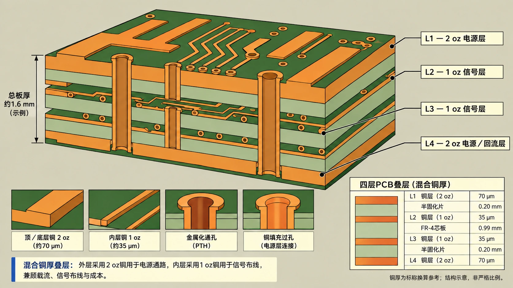 多层PCB混合铜厚叠层示例,展示信号层与电源层的分层配置