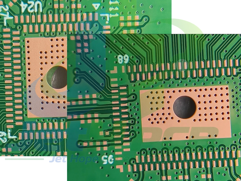 PCB microscope photo showing a square copper thermal pad and closely spaced thermal vias in a BGA mounting area with green solder mask