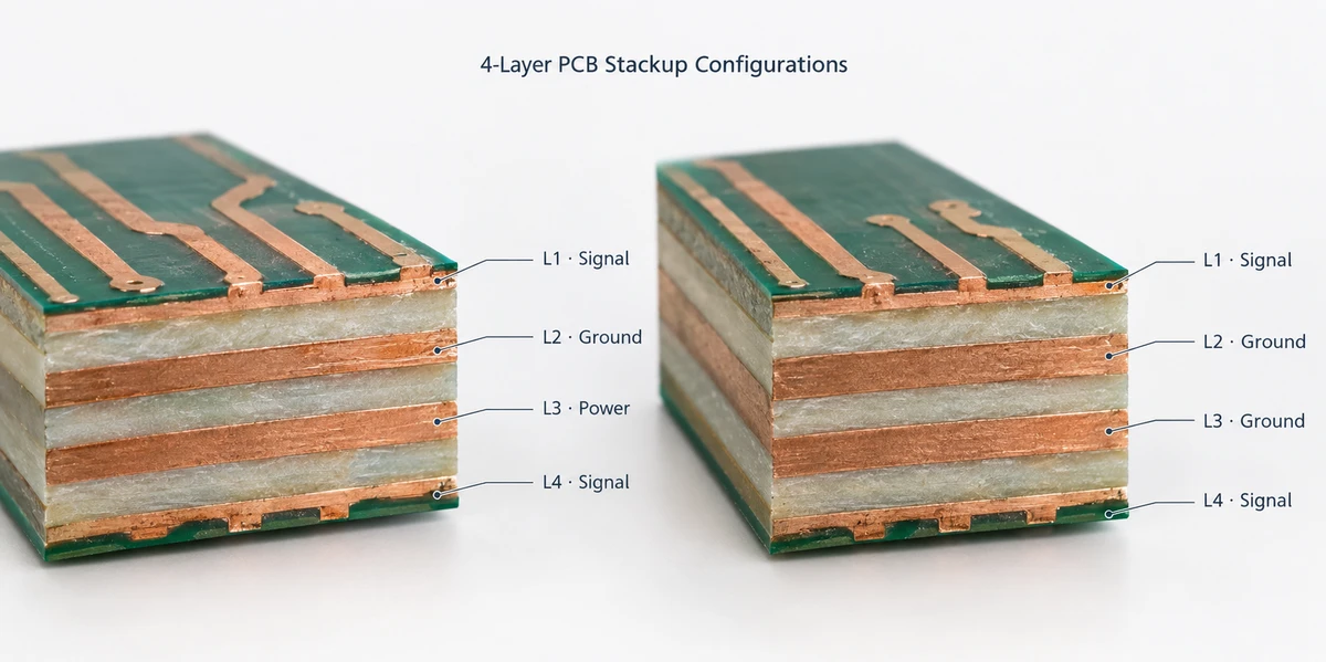 Comparison of SIG-GND-PWR-SIG and SIG-GND-GND-SIG four-layer PCB stackup configurations.