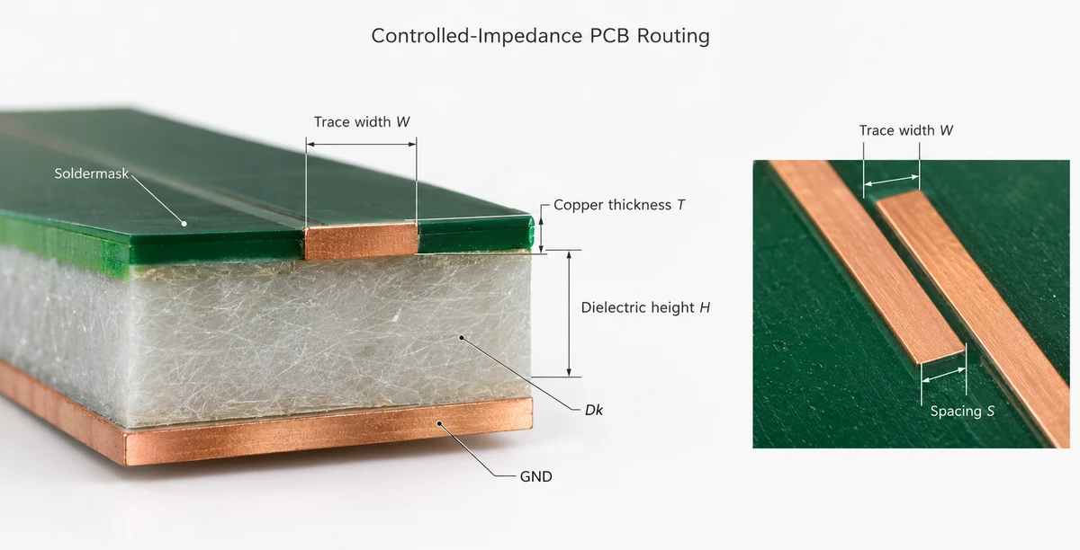 PCB controlled-impedance diagram showing trace width, copper thickness, dielectric height, soldermask, reference plane, and differential pair spacing.