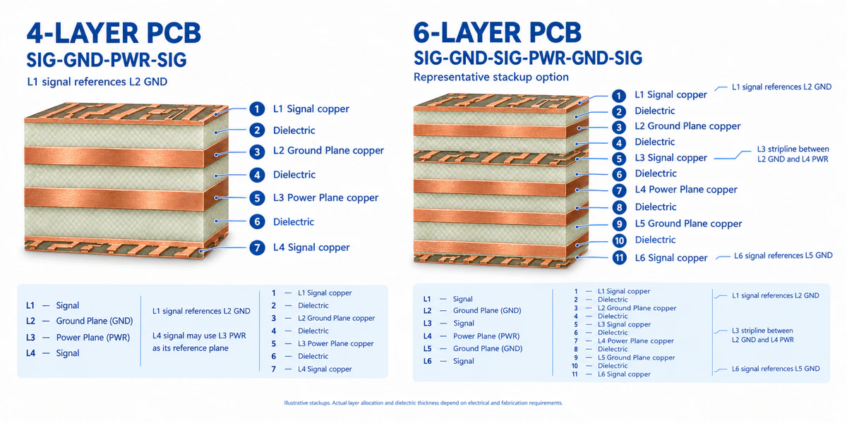 Cross-section of a 4-layer SIG-GND-PWR-SIG board beside 6-layer stackups with two plane layers, showing signal layers, reference planes, and stripline routing.