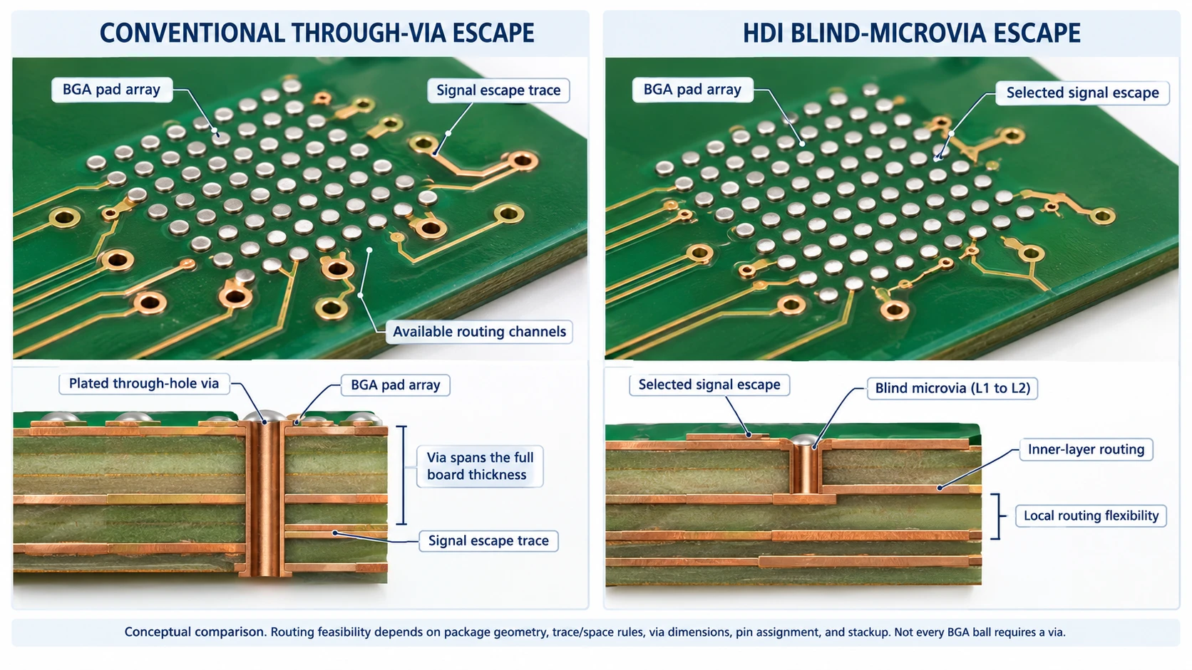 BGA escape routing under a fine-pitch package: through-hole vias spanning all layers versus HDI microvias that stop at the layers they connect.