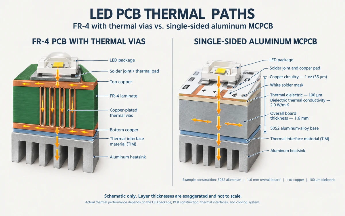 Cross-sectional comparison of heat transfer through FR-4 with thermal vias and a single-sided aluminum MCPCB.