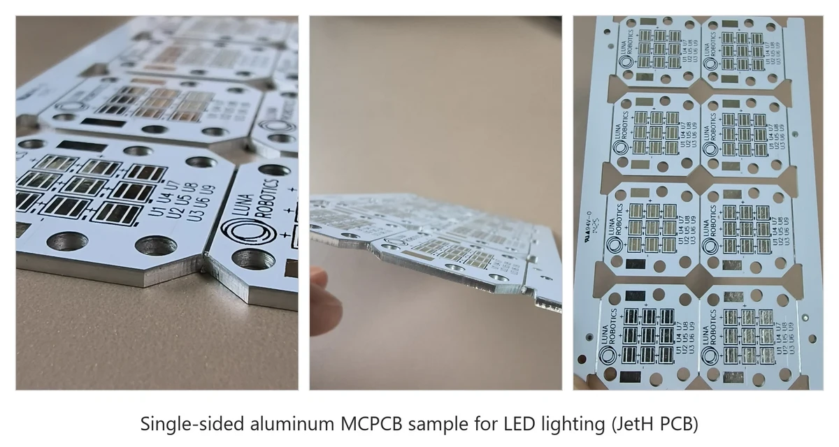 Single-sided aluminum MCPCB sample for LED lighting, shown from several angles.