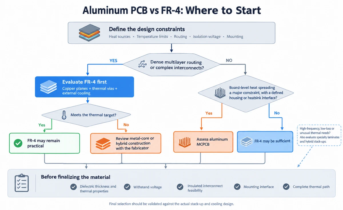 Decision flowchart for choosing between an aluminum PCB and an FR-4 PCB.