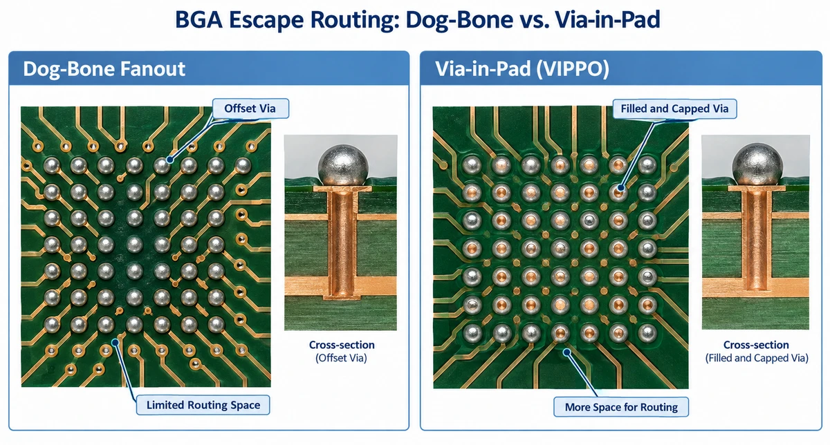 Illustration of BGA escape routing using dog-bone fanout and via-in-pad microvias for dense FPGA packages