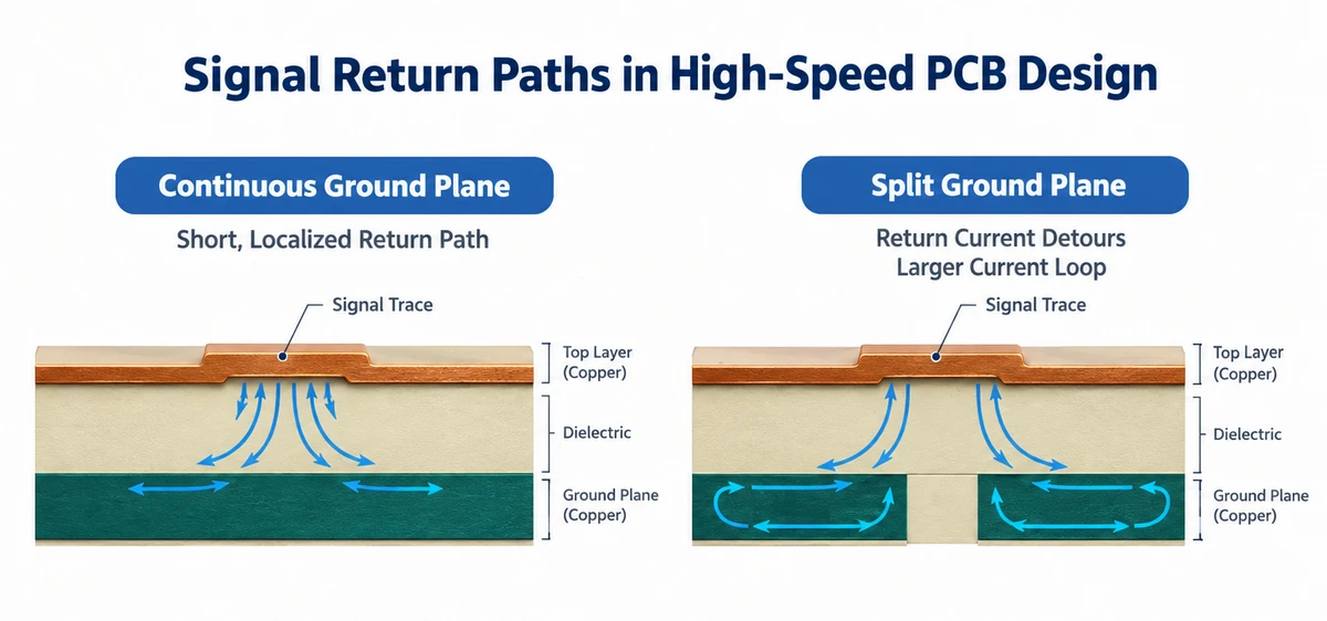 High-speed signal return current over a continuous ground plane versus a detoured return path across a plane split