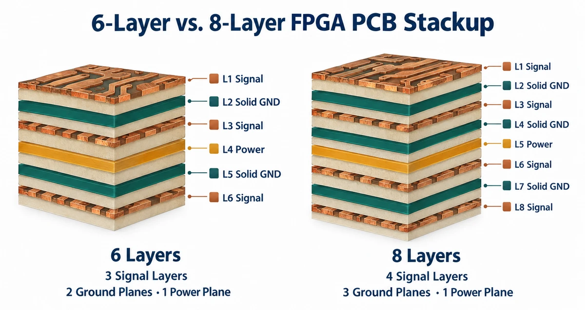 Cross-section comparison of example 6-layer and 8-layer FPGA PCB stackups showing signal, ground, and power layers