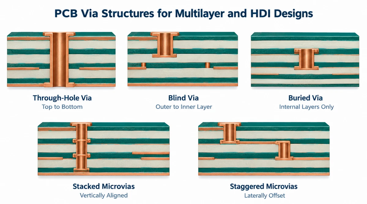 PCB cross-section comparing through-hole, blind, buried, stacked, and staggered microvia structures for HDI fabrication