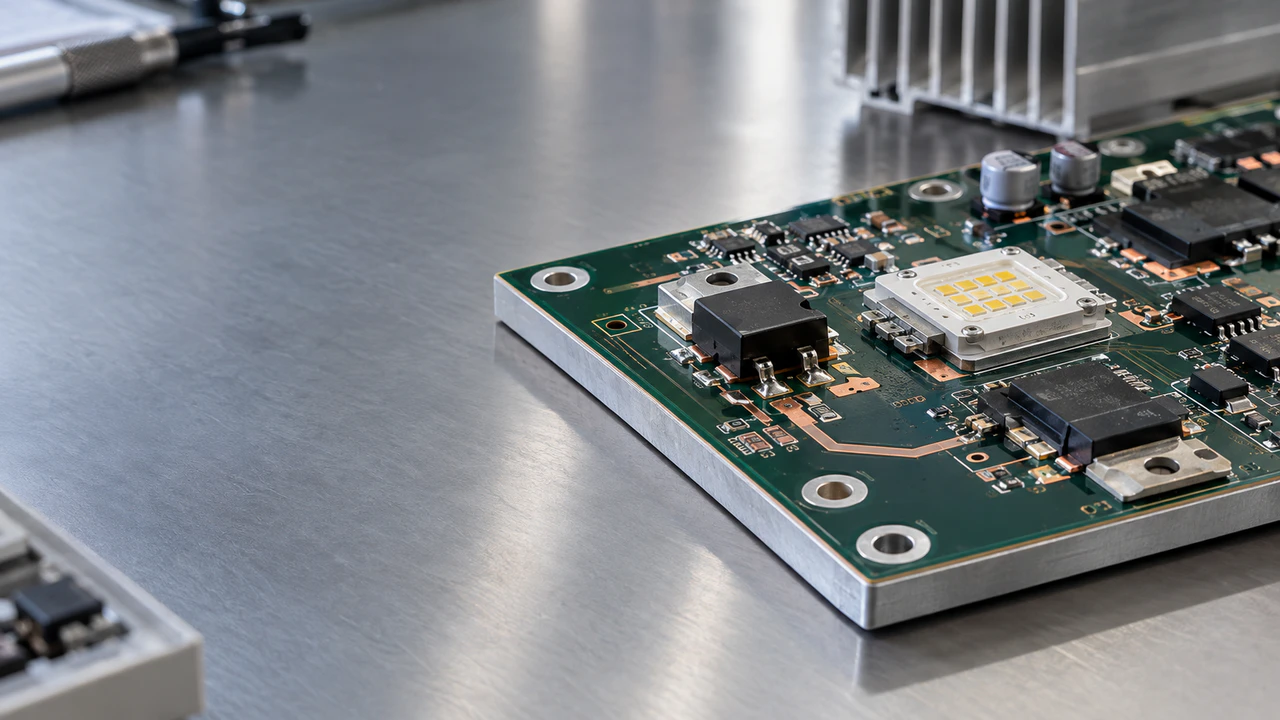 metal core pcb manufacturer Aluminum-core MCPCB close-up showing copper circuit layer, power components, and aluminum base