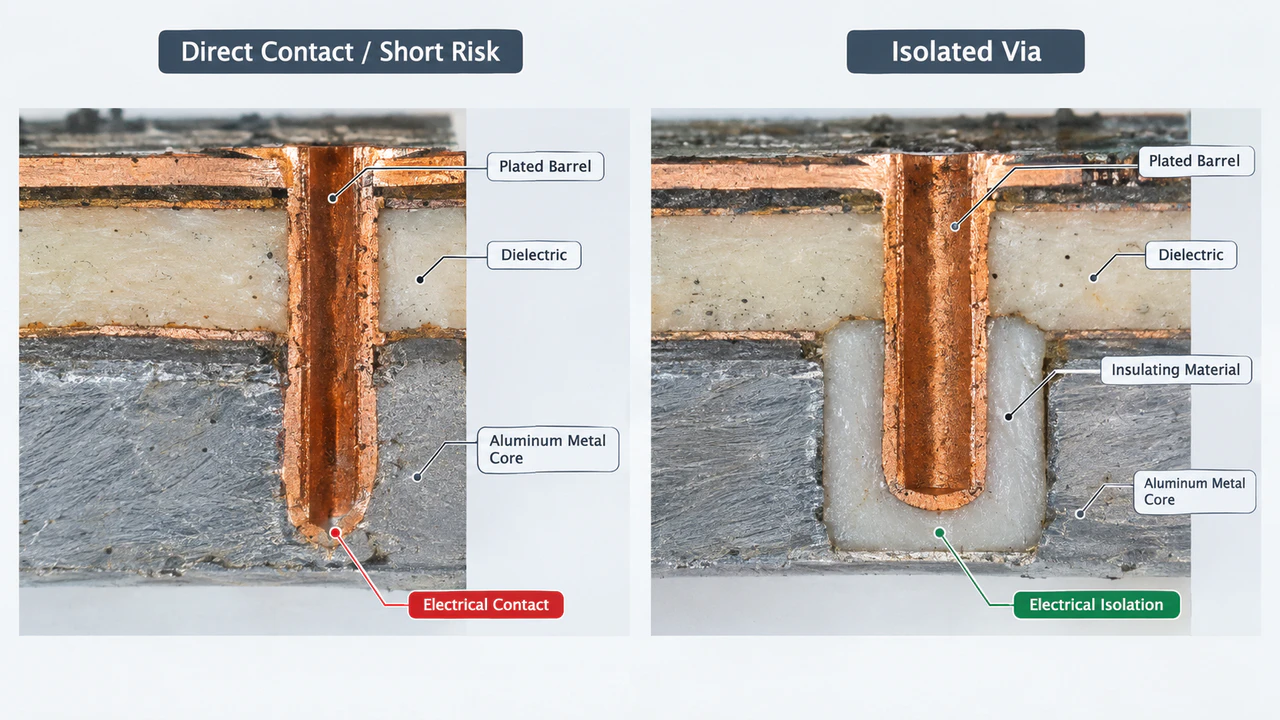 mcpcb via isolation methods Via isolation comparison: direct contact causing short risk versus isolated via with insulating material between plated barrel and metal core