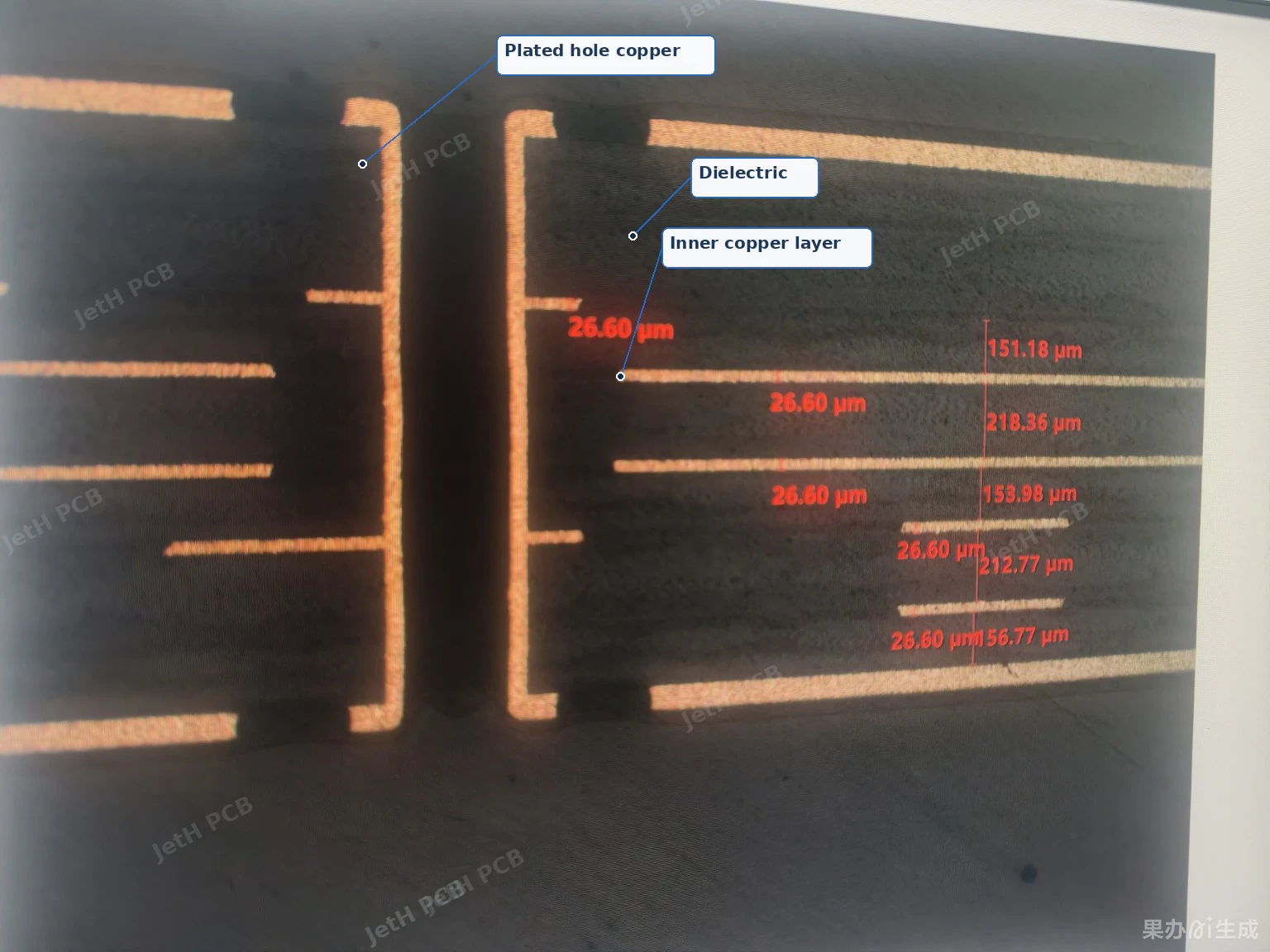 Microsection of a multilayer PCB showing plated hole copper, dielectric layers and layer interfaces.