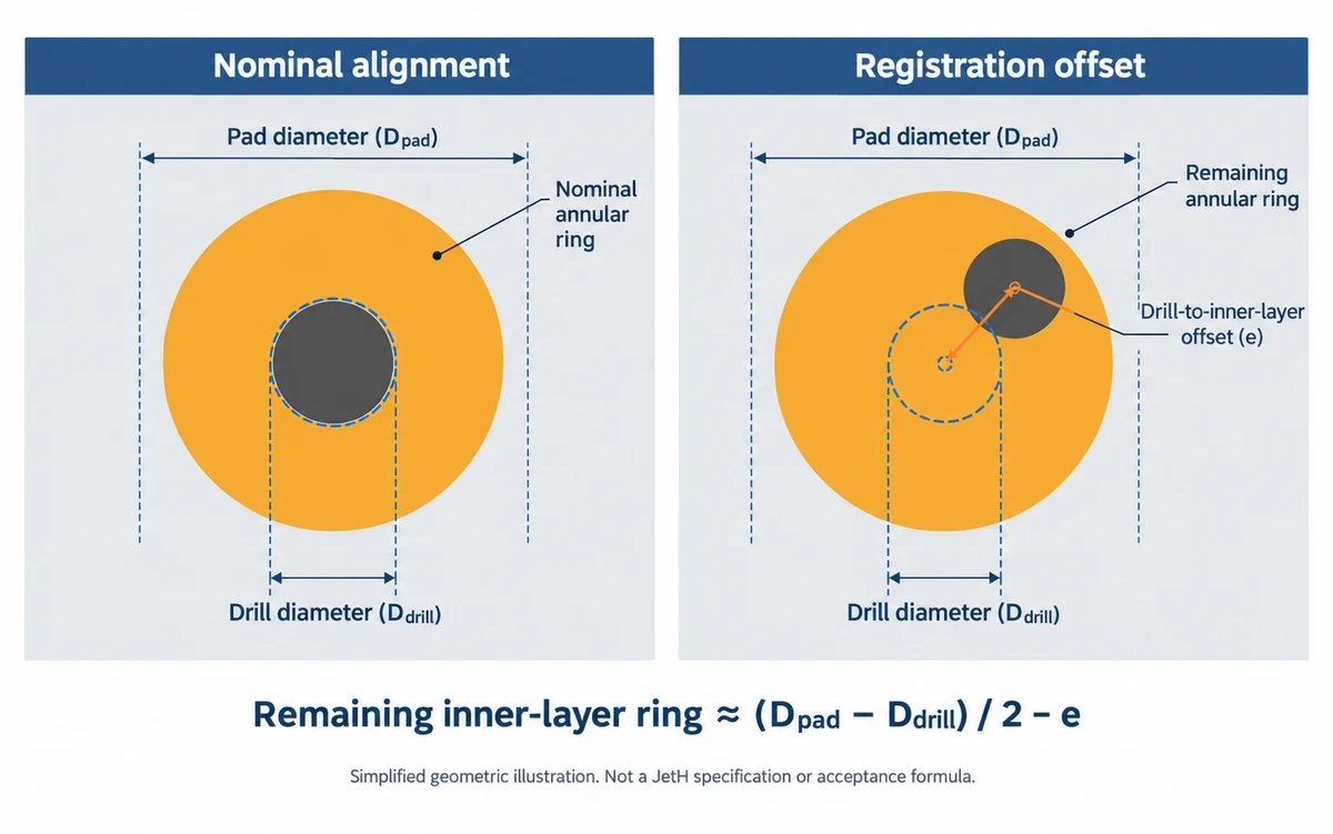 Top-view diagram showing how a drill-to-inner-layer offset reduces the remaining annular ring around a plated hole.