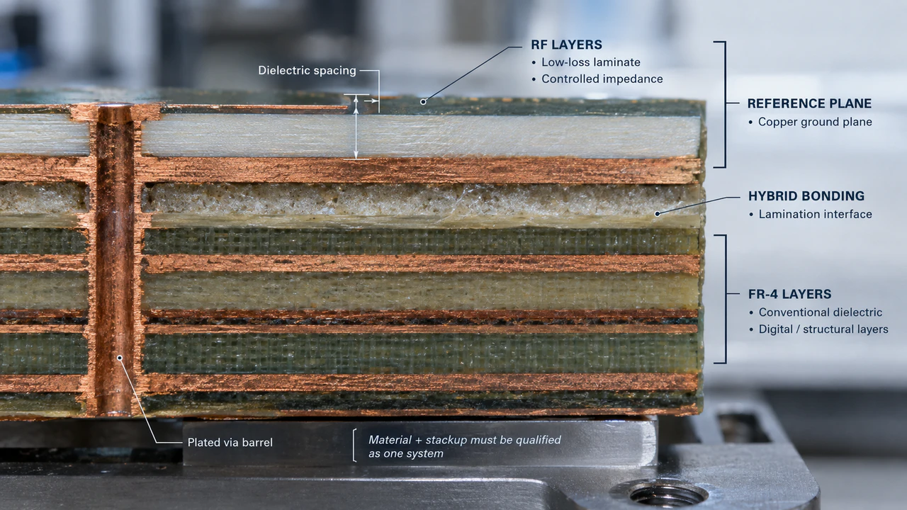 hybrid rf pcb stackup construction Hybrid RF/FR-4 PCB stackup showing RF laminate, dielectric spacing, copper reference planes, and bonding layers
